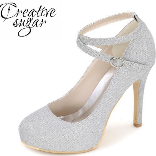 Creativesugar Crossed ankle strap woman round toe high heels gold silver blue glitter platform lady pumps party cocktail shoes