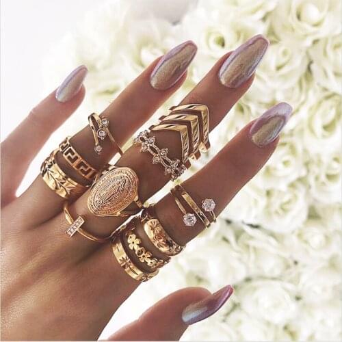 Europe And the United States 2021 New Creative English Word Womens Ring Gold Simple Pattern Joint Ring Leaves 13 Sets Of Rings