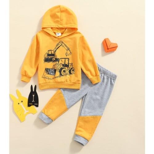 FOCUSNORM Autumn Toddler Baby Boys Casual Clothes Sets 2pcs Cartoon Printed Hooded Long Sleeve Tops Patchwork Pants 2-7Y