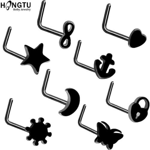 HONGTU 8PCS L-Shape Nose Studs Rings Piercing Jewelry Surgical Steel Nose Piercing Heart Lock Star Butterfly Nose Ring 20G