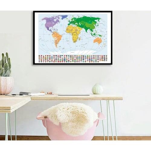90*60cm The World Map with National Flags Canvas Painting Wall Art Poster Children School Supplies Classroom Home Decor