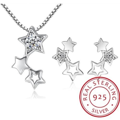 925 Sterling Silver Fine Jewelry Sets Simple Zirconia Star Necklace+Earrings Two piece set For Women Girl Gift