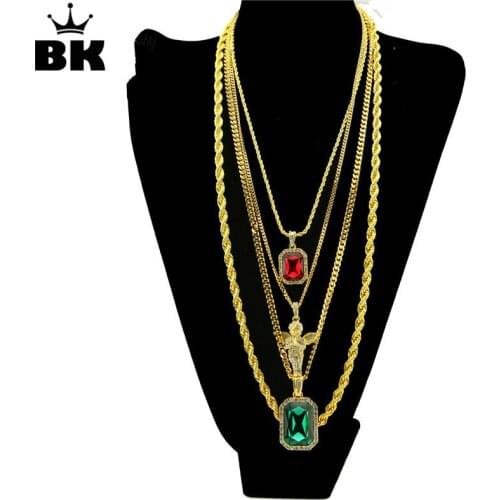 Micro Angle, Faux Lab Rhinestone Pendant With Box Chain Rope Chain Hip Hop Necklace Set Men Iced Out Brand Jewelry for Men Women