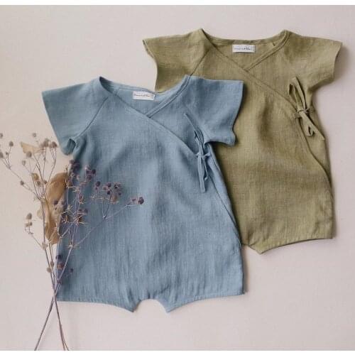 Adorable Infant Baby Summer Casual Jumpsuit Clothing Linen Cotton Solid Color Short Sleeve Baby Romper Soft Breathable Newborn K