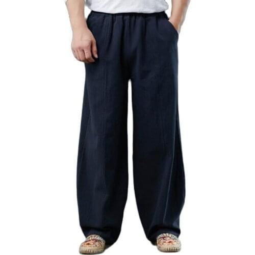 Mens casual pants Chinese style straight tube casual pants linen cotton pants