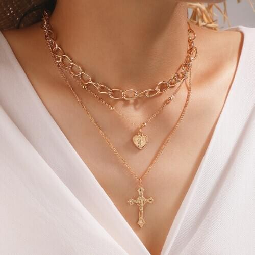 Docona Bohemia Cross Heart Pendant Necklace for Women Girls Choker Punk Multi Layer Chain Necklace Jewelry Collar 13710