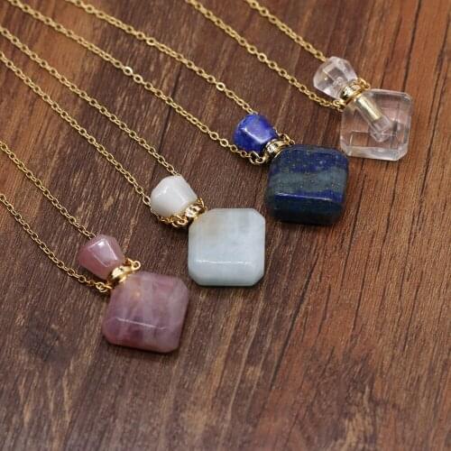 Natural Perfume Bottle Crystal Stone Pendant Necklace Rose Quartzs Aquamarine Essential Oil Diffuser Charm Copper Chain Jewelry