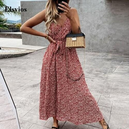 Sexy Wrap V Neck Sling Long Dress Spring Floral Print Straps Maxi Party Dress Women Summer Sleeveless Lady Beach Dress Vestidos