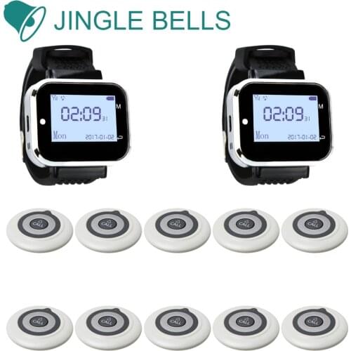 JINGLE BELLS 2 Watch Receiver 10 Call Button Wireless Waiter Calling System For Restaurant Service Pager System Hotel Call Bell