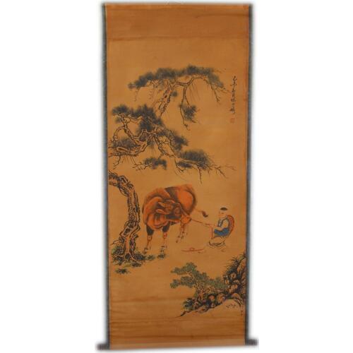 Rare Hand-painted QingDyansty Chinese vertical axis paintings,pasture cattle,hand drawn, free shipping