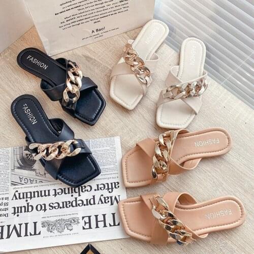 Women Slippers Summer Fashion Decoration Chain Design Cross Upper Open Toe Flat Sandals Solid Color Outdoor Female Casual Shoes