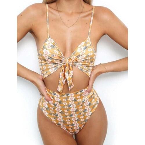 Strap Sexy Hollow Out Printed Flower One-Piece Swimsuit