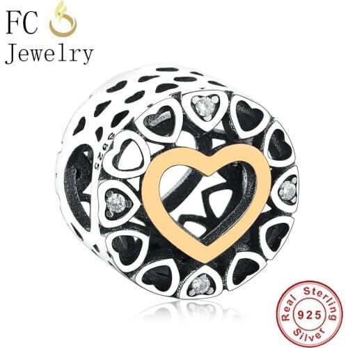 FC Jewelry Fit Original Brand Charm Bracelet 925 Sterling Silver Gold Color Heart Connect Zirconia Crystal Bead Made Berloque