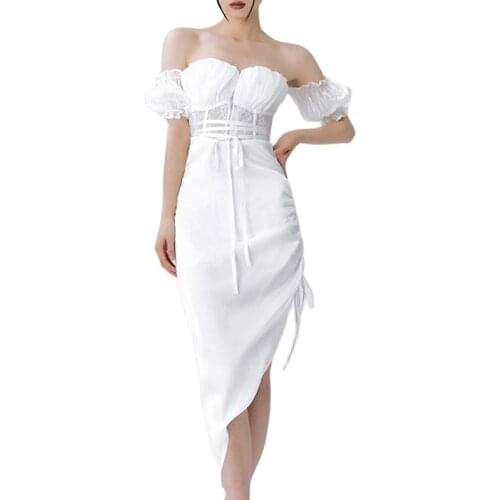 Sexy tube top dress 2021 summer new solid color tight waist female irregular personality hedging mid-length skirt