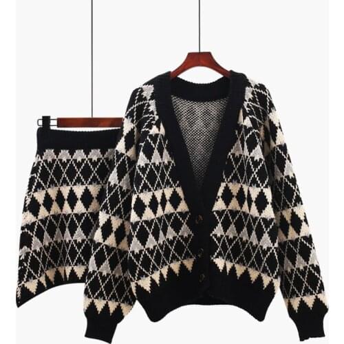 Diamond Lattice Thickened Sweater Set Womens Autumn And Winter New Fashion Sweater Skirt Knitted Cardigan Two Piece Set