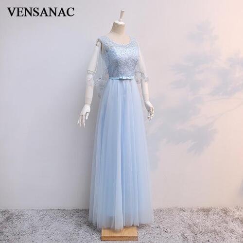 VENSANAC Elegant O Neck Bow Sash Long A Line Evening Dresses 2018 Half Sleeve Lace Embroidery Party Prom Gowns