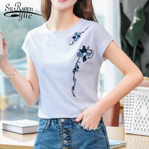 2021 New Cotton Arrival Summer Tops Short Sleeve Casual Embroidery Women Tshirt Plus Size Loose Women T-shirt Clothes 8621 50