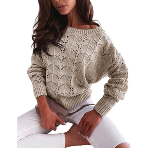 Women Knitted Top 2021 Sweater Hollow Batwing Sleeve Autumn Winter Solid Color See Through Off Shoulder Knitted Top Streetwear