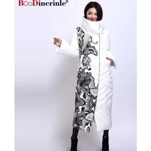 Female X-Long Thick Warm White Duck Down Coat Winter Womens Jacket Elegant Office Ladys Print Slim Outwear BOoDinerile YR159