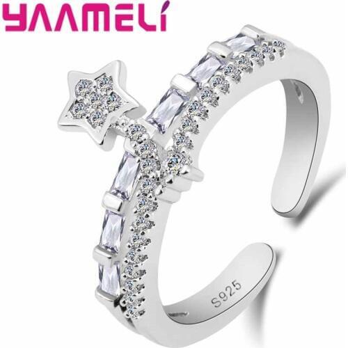 Real 925 Silver Opening Rings For Women Girls Gift Shining Crystal Cubic Zircon Stone Attached Wedding Bague