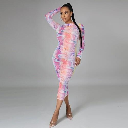 Aesthetic Print Mesh Patchwork Skinny Dress for Women Long Sleeve High Elastic Mid Calf Dress Elegant Party Clubwear Wrap Dress