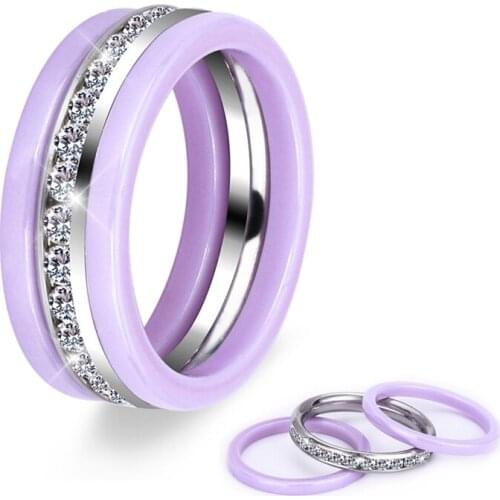 3pcs/Set Elegant Ring Ceramics Stainless Steel With Shimmering Crystal Purple Fashion Jewelry Statement Multiple Finger Rings