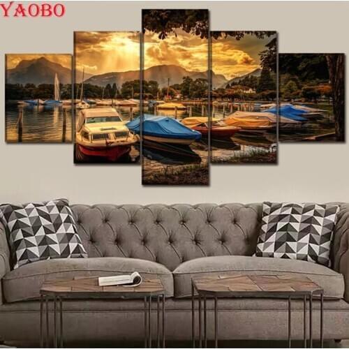5D DIY Diamond Painting 5 Piece Cloud Sky Sunset landscape Boat Diamond Mosaic Full Square Rhinestones Embroidery Cross Stitch