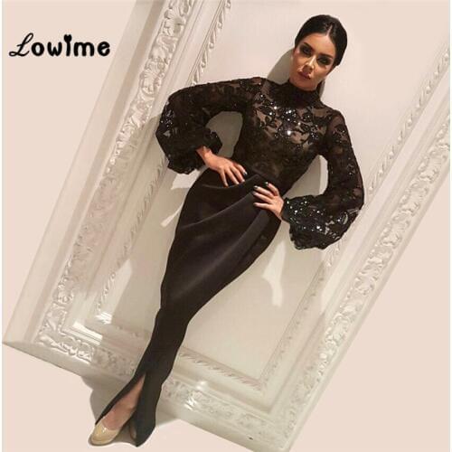 Black Sequined Evening Dresses Arabic Mermaid Evening Gown Party Dress Vestido Longo Prom Dresses High Neck With Long Sleeves