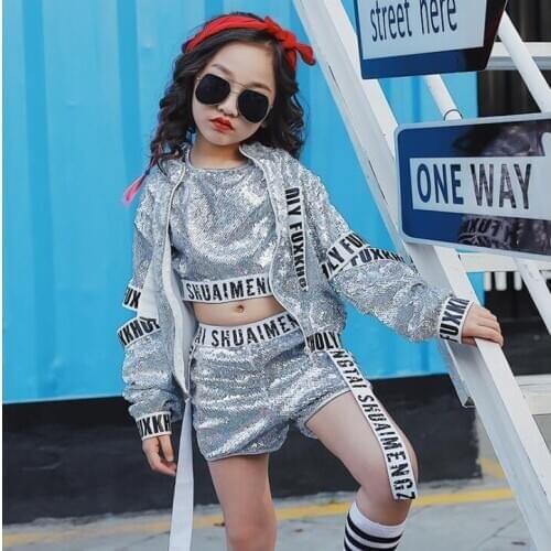 Kids Jazz Hip Hop Modern Dance Costumes For Girls Silver Sequin Dancing Wear Clothing Children Sports Suit Outfits
