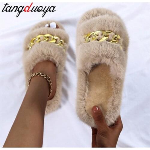 Indoor Women Fur Slippers Fluffy Soft Furry Slides Thick Flats Heel Non Slip House Shoes Ladies Luxury Design Footwear Whosale