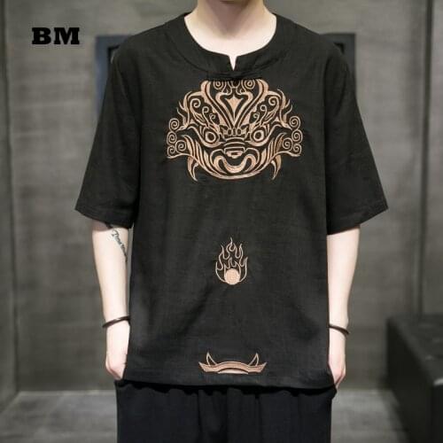 Chinese Style Summer Short Sleeve High Quality Kirin Embroidery Oversized T Shirt Harajuku Plus Size Linens Top Men Clothing