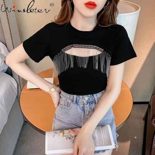 Summer European Clothes Short Cotton T-Shirt Chic Sexy Hollow Out Shiny Tassels Women Tops Bottoming Shirt Slim Tees New T15724A