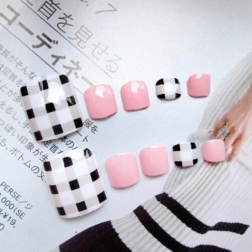 24Pcs DIY Artificial Short False Toenails White Grid Fake Toe Nails For Design Full Cover Foot Nail Art Tips Manicure Tools