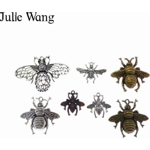 Julie Wang 7pcs Mixed Bees Charms Antique Color Alloy Necklace Pendants Decoration Findings Jewelry Making Accessory