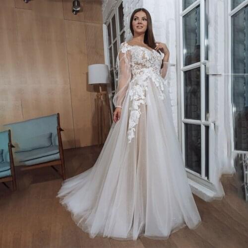 V-neck Lace Applique Nude Long Sleeves Plus Size Wedding Dress Customized Made 26W Bridal Gowns vestido de casamento