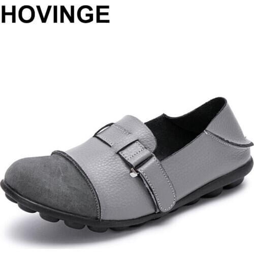 HOVINGE Orange Mom Shoes Women Buckle Flats Summer Ladies Genuine Leather Moccasins Women Buckle Moccasins Plus Size 44