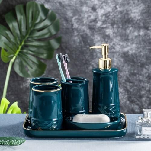 Nordic Six-piece Suit Ceramic Storage Bathroom Set Toothbrush Holder Soap Dispenser Emulsion Bottle Mouthwash Cup Soap Dish