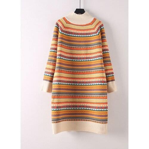 2021 winter new mid-length ethnic style loose sweater dress female Korean style high neck over-the-knee knitted top