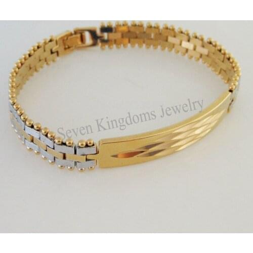 NEW 7.7" YELLOW & WHITE GOLD GP OVERLAY FILLED WITH BRASS CARVED LINK BRACELET