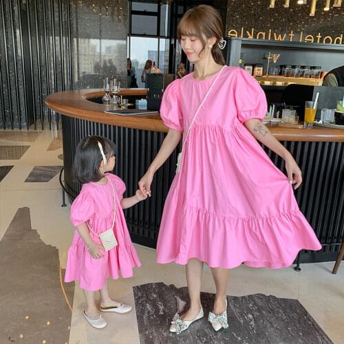 Mom And Daughter Matching Dress Woman And Children Short Sleeve Pink One Piece Dresses 2021 Summer Mother And Daughter Clothes