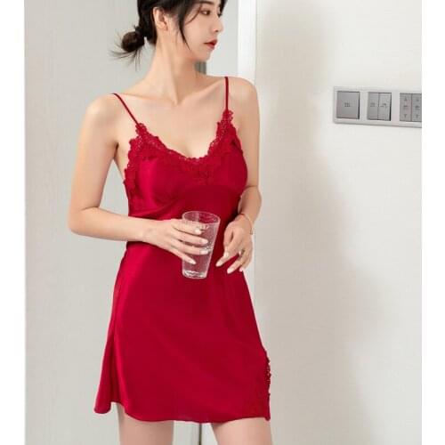 Sexy Burgundy Satin Nightdress Women Mini Nightgown Chemise Sleepwear 2021 New Nightwear Lace Loungerwear Spaghetti Sling