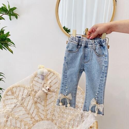 2021 Spring Children‘s Beading Mesh Bow Denim Jeans Fashion Pants Full Length Princess Party Girls Trousers