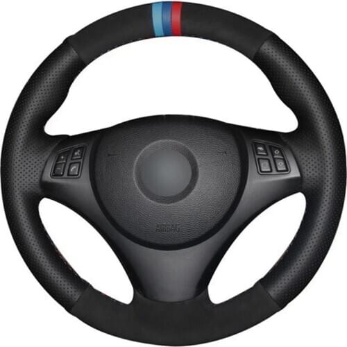 Hand stitched Car Steering Wheel Cover Black Genuine Leather Black Suede For BMW E90 320i 325i 330i 335i E87 120i 130i 120d
