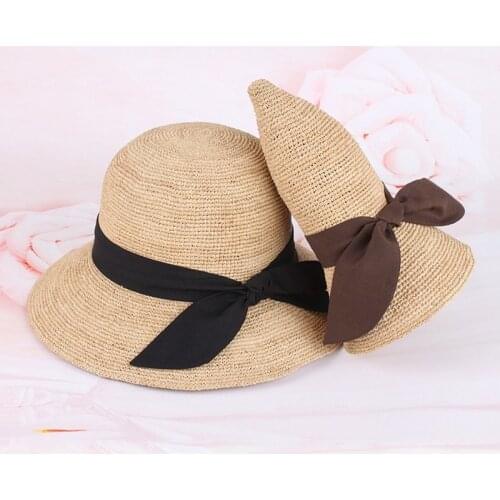 Woman Natural Raffia Straw Hat with Bow Hand Crochet Fashion Foldable Flat Big Brim Spring Classical Sunhat Beach Hat