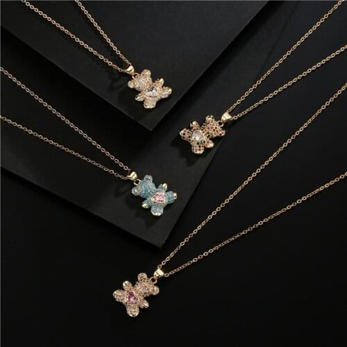 2021 New Fashion 4 Colors Gold Chain Lovely Bear Pendant Necklace For Women Girl Pink/White Heart Shape CZ Wedding Jewelry