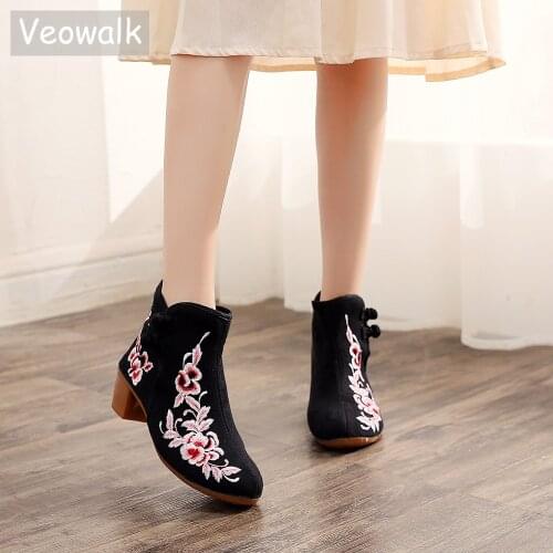 Veowalk Vintage Women Cotton Fabric Block Heel Short Ankle Boots Elegant Ladies Casual Comfortable Booties Retro Autumn Shoes