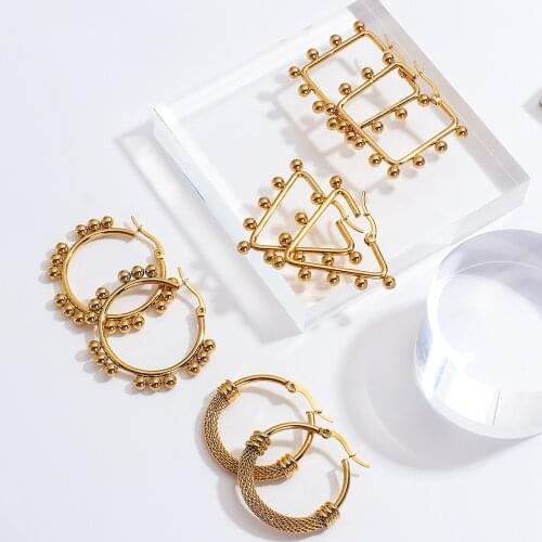AENSOA 2021 New Gold Color Multiple Stainless Steel Geometric Hoop Earrings for Women Vintage Circle Square Triangle Earrings
