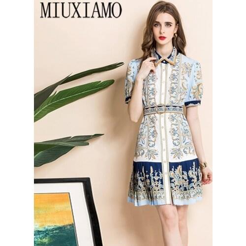 2021 New Fashion Summer Turn-Downl Collar Short Sleeve Print Patchwork Dress Womens Wear Elegant Palace Style