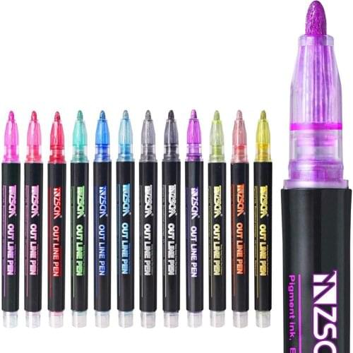 12 Color Metallic Paint Marker Pen DIY Album Scrapbooking Outline Marker Glitter for Drawing Painting Doodling School Supplies