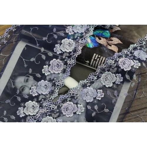 2 Yards Dark Blue Tulle Lace Trim Double Edges Purple Rose Embroidered Lace 8.26 Inches Wide